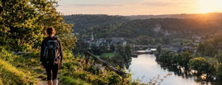 Randonneuse surplombant une rivière au coucher du soleil