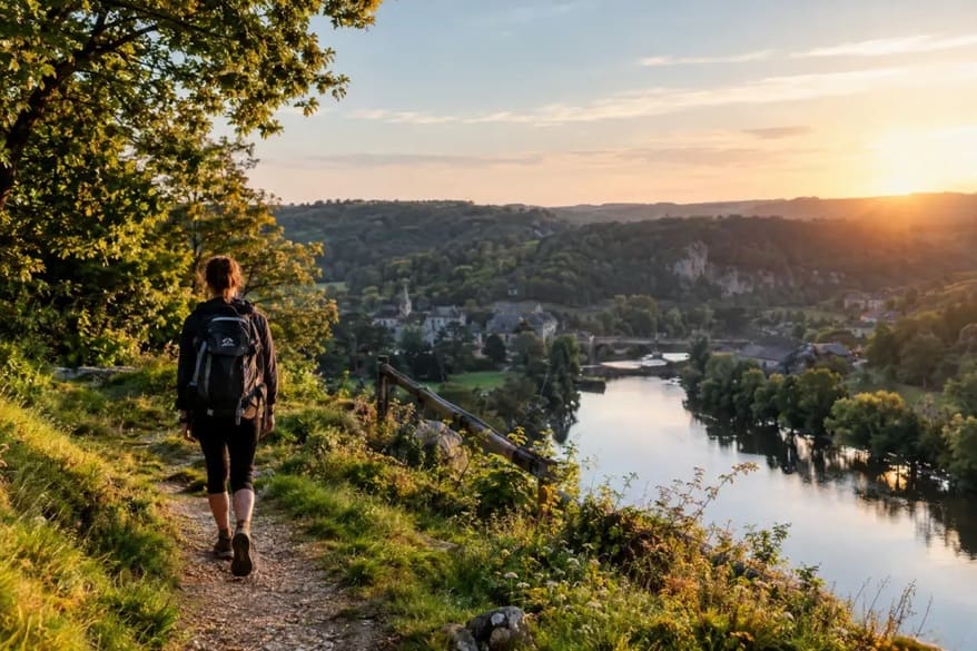 Randonneuse surplombant une rivière au coucher du soleil